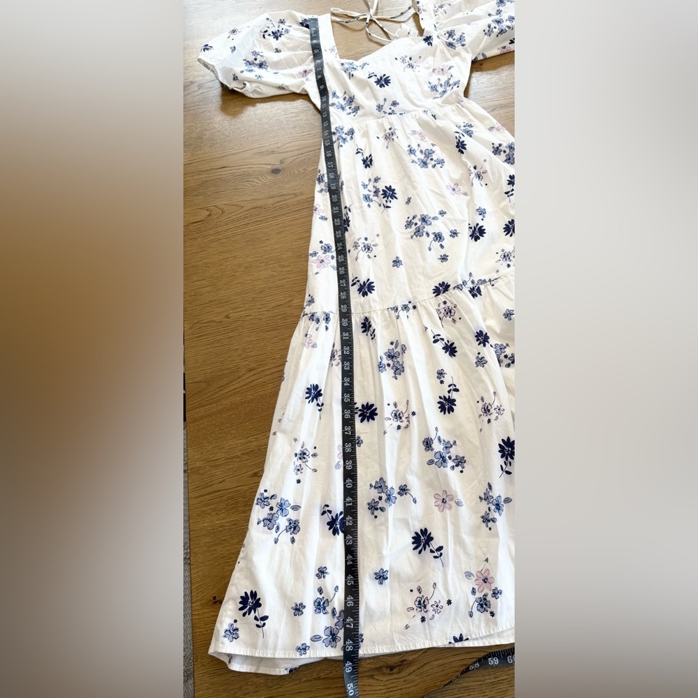 WAYF White Blue Floral Puff Sleeve Tie Back Midi Dress XS - Picture 5 of 15
